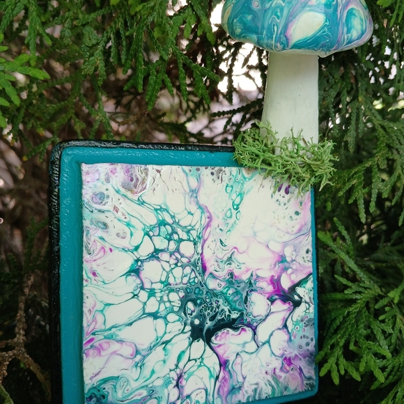 "Intergalactic Mycelium" Upcycled Mushroom Pour Art Wooden Wall Mount - Picture 3 of 9